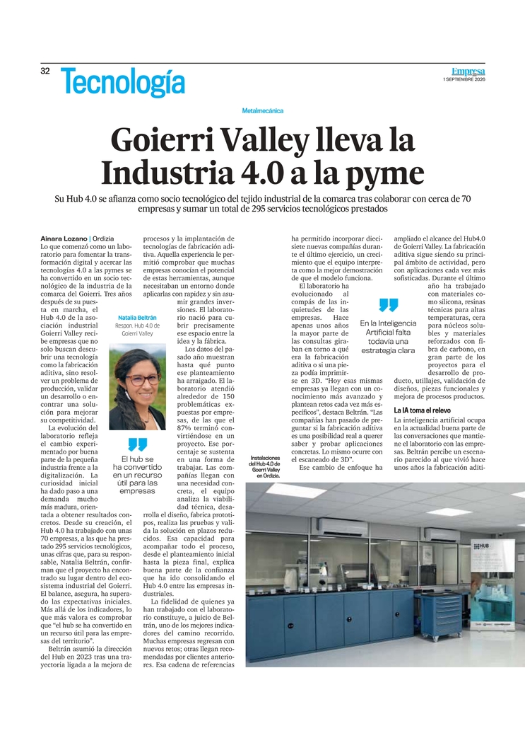 Empresa XXI publica una entrevista a Natalia Beltrán, responsable del Hub 4.0 de Goierri Valley